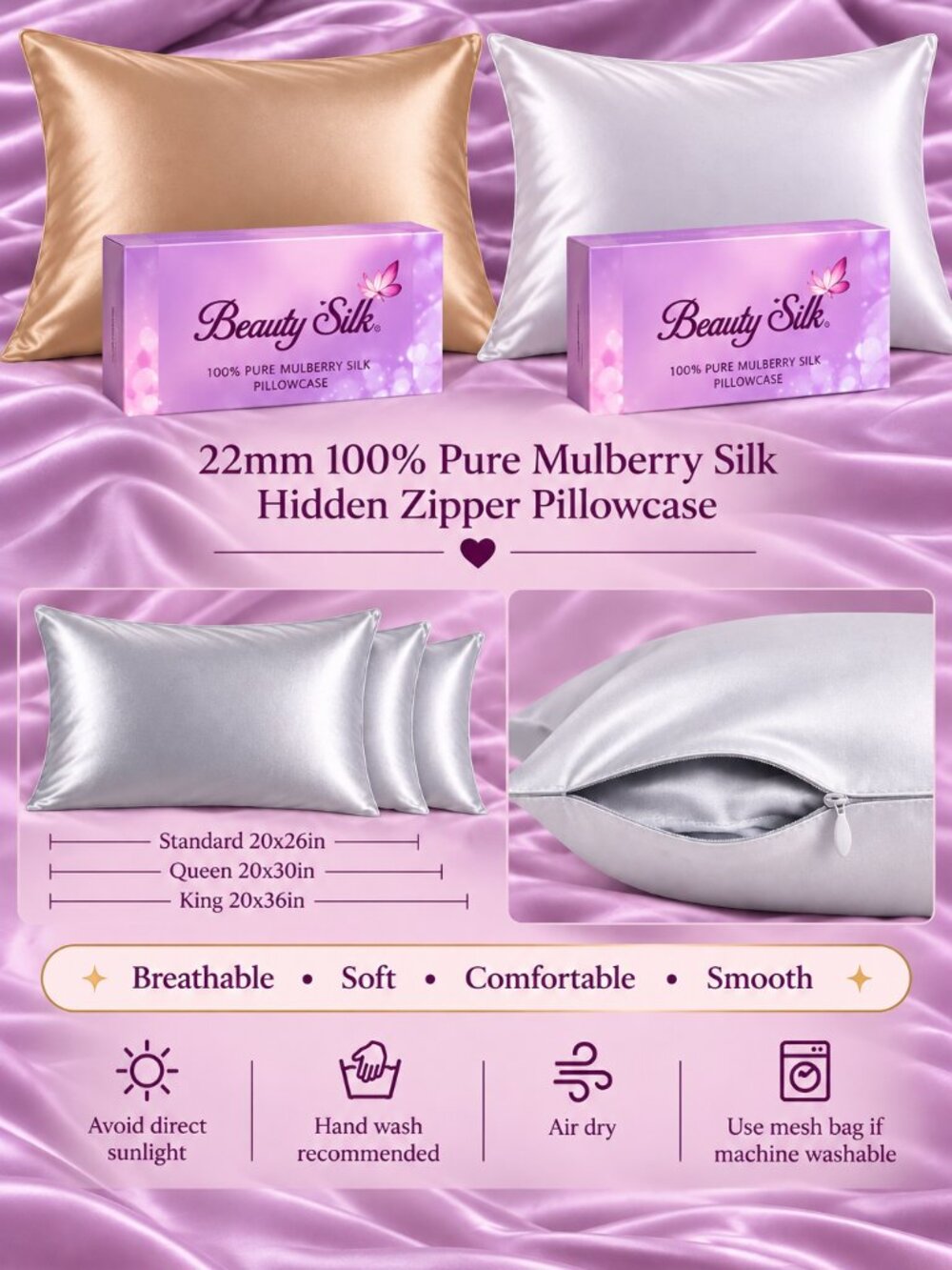 Beauty Silk 22 Momme 100% Pure Mulberry Silk Pillowcase Bundle 3 Pairs 6 Total - Picture 8 of 11
